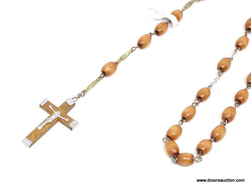 JERUSALEM ROSARY BEADS; HAS OLIVE WOOD CROSS AND BEADS WITH JERUSALEM HEART MEDAL WITH CROWN OF