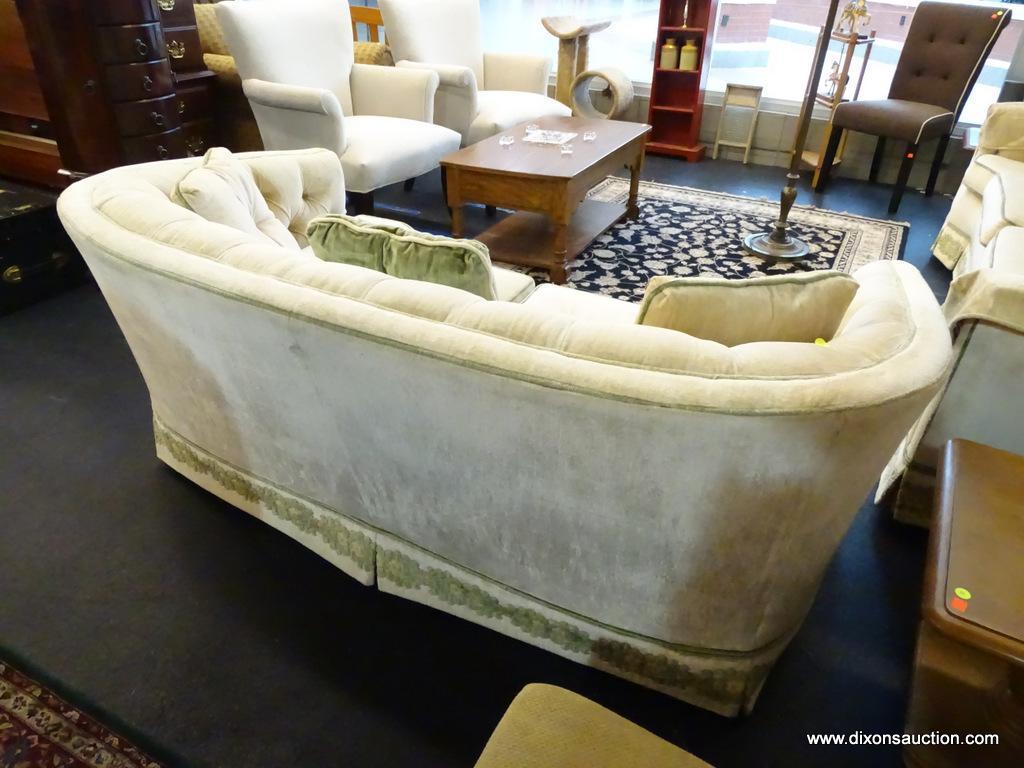 2 CUSHION LOVESEAT; MADE BY WATERS FURNITURE CO. IS CREAM IN COLOR WITH GREEN TRIM AND FLORAL