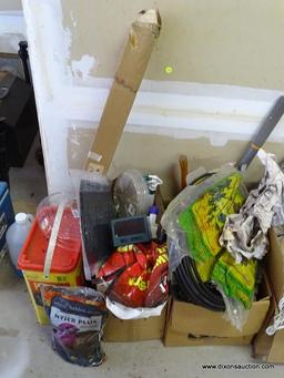 (GARAGE) MISCELL. YARD AND GARDEN ITEMS; 2 BOXES OF YARD AND GARDEN ITEMS AND ALL OTHER ITEMS AROUND