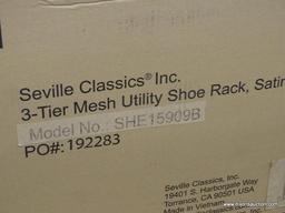 PAIR OF SEVILLE 3-TIER SHOE RACKS; 2 3-TIER IRON MESH UTILITY SHOE RACKS, SATIN BRONZE. NEW IN BOX.