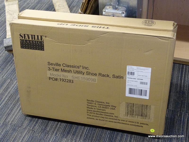 PAIR OF SEVILLE 3-TIER SHOE RACKS; 2 3-TIER IRON MESH UTILITY SHOE RACKS, SATIN BRONZE. NEW IN BOX.