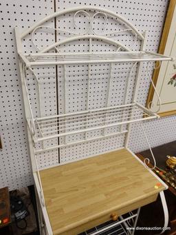 (R1) METAL HUTCH; WHITE METAL AND LIGHT WOODEN 1 DRAWER HUTCH WITH 4 SHELVES AND AN ORNATE FRAME.