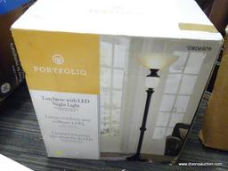 (R2) PORTFOLIO TORCHIERE FLOOR LAMP WITH LED NIGHT LIGHT, AN OIL RUBBED BRONZE FINISH AND AN AMBER