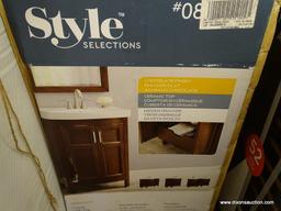 (R1) STYLE SELECTIONS MORECOTT, CHOCOLATE FINISHED VANITY, MISSING THE WHITE VITREOUS CHINA TOP.