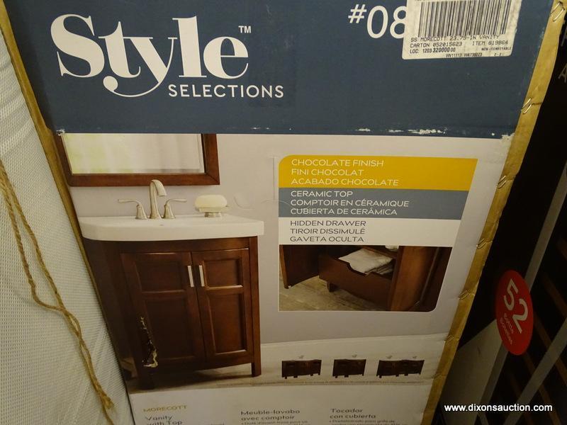 (R1) STYLE SELECTIONS MORECOTT, CHOCOLATE FINISHED VANITY, MISSING THE WHITE VITREOUS CHINA TOP.
