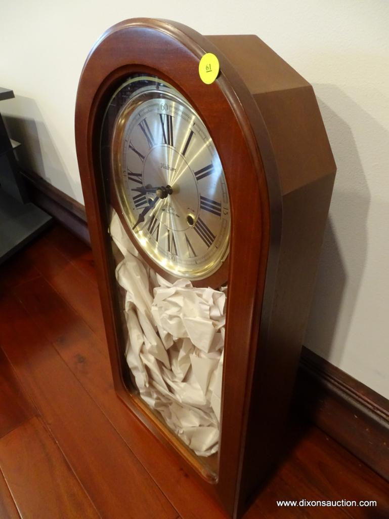 (UPSIT) WALTHAM 31 DAY CLOCK; VINTAGE ARCHED TOP MAHOGANY CASE AND WALTHAM 31 DAY WALL CLOCK WITH