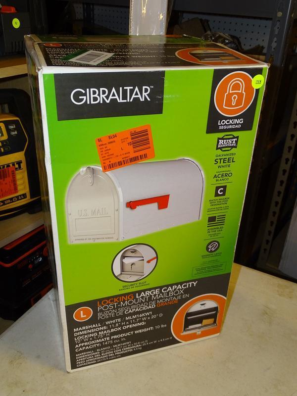 (R8) GIBRALTAR, LOCKING, LARGE CAPACITY, MARSHALL STYLE, POST MOUNT MAILBOX WITH A WHITE COLOR.