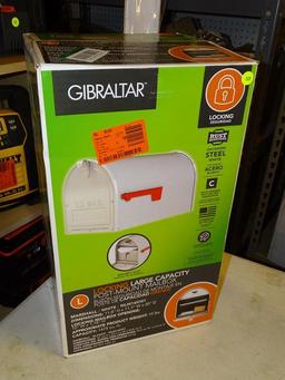 (R8) GIBRALTAR, LOCKING, LARGE CAPACITY, MARSHALL STYLE, POST MOUNT MAILBOX WITH A WHITE COLOR.