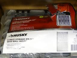(R3) HUSKY ORGANIZING BIN SET; 6 PIECE STORAGE BIN SET WITH WALL MOUNT. ITEM CODE 1004354008. COMES