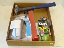 (R1) BOX LOT OF ASSORTED ITEMS; LOT TO INCLUDE A KOBALT 3 LB. CROSS PEIN HAMMER, A GE 100 AMP DOUBLE