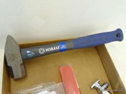 (R1) BOX LOT OF ASSORTED ITEMS; LOT TO INCLUDE A KOBALT 3 LB. CROSS PEIN HAMMER, A GE 100 AMP DOUBLE
