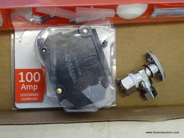 (R1) BOX LOT OF ASSORTED ITEMS; LOT TO INCLUDE A KOBALT 3 LB. CROSS PEIN HAMMER, A GE 100 AMP DOUBLE