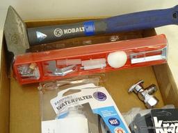 (R1) BOX LOT OF ASSORTED ITEMS; LOT TO INCLUDE A KOBALT 3 LB. CROSS PEIN HAMMER, A GE 100 AMP DOUBLE
