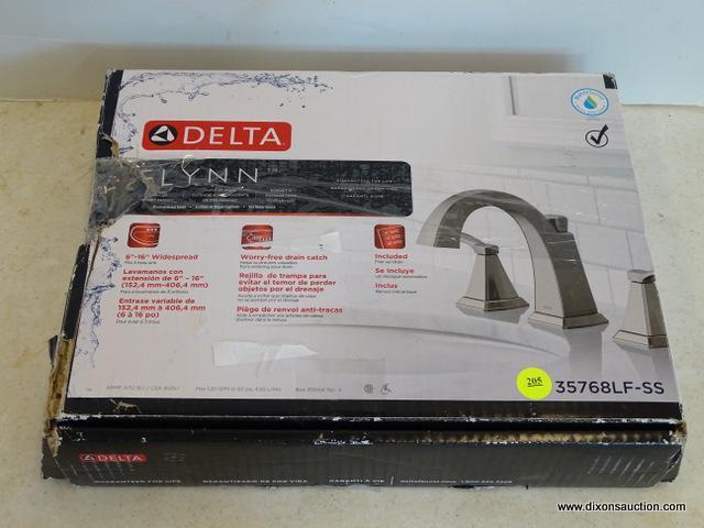 (R1) DELTA FLYNN STYLE WIDESPREAD LAVATORY FAUCET WITH DRAIN, 2 HANDLES AND A BRUSHED NICKEL FINISH.