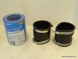 (R2) LOT TO INCLUDE 2 FERNCO COUPLING PVC DRAIN/SEWER FITTINGS (3" X 3") AND 3 ROLLS OF SAFE RELEASE