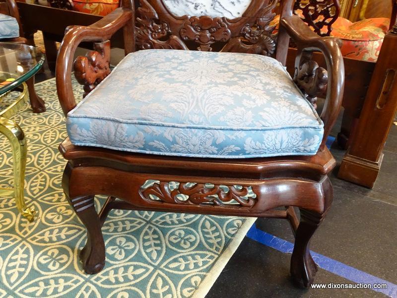 (R1) HEAVILY CARVED ORIENTAL ARM CHAIR; BLACK & WHITE MARBLE BACK, DRAGON CARVED BACK & ARMS, BALL &