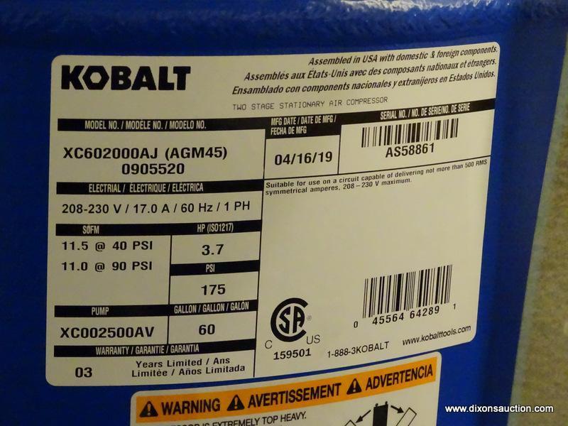 (R2) KOBALT 60-GALLON TWO STAGE ELECTRIC VERTICAL AIR COMPRESSOR; OIL-LUBRICATED, TWO STAGE PUMP TO