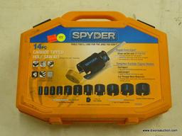 (R6) SPYDER 14PC. CARBIDE TIPPED HOLE SAW KIT; MODEL #600880. HAS BEEN USED, MISSING PIECES.