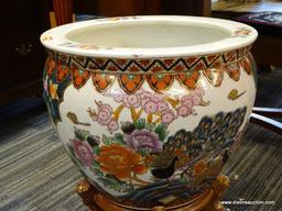 (R1) ORIENTAL FISH BOWL; HAND PAINTED, ORIENTAL FISH BOWL WITH A TEXTURED PHEASANT SCENE THAT HAS