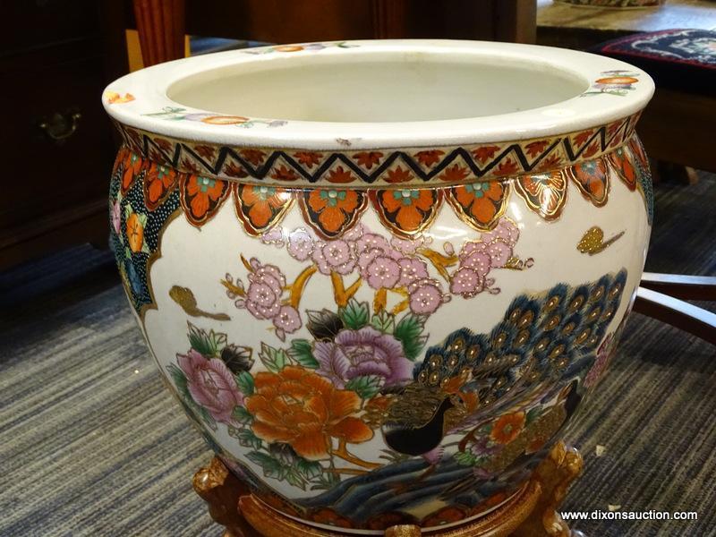 (R1) ORIENTAL FISH BOWL; HAND PAINTED, ORIENTAL FISH BOWL WITH A TEXTURED PHEASANT SCENE THAT HAS