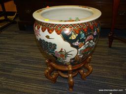 (R1) ORIENTAL FISH BOWL; HAND PAINTED, ORIENTAL FISH BOWL WITH A TEXTURED PHEASANT SCENE THAT HAS