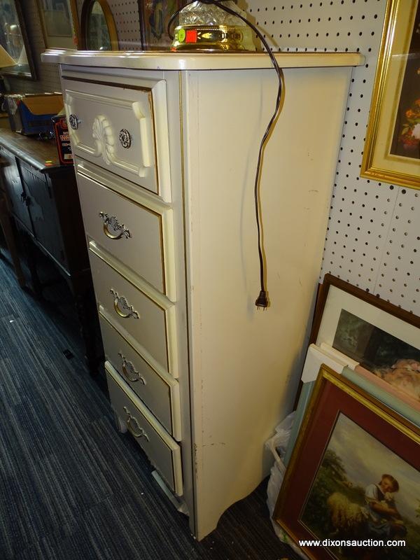 (WALL) FRENCH PROVINCIAL HIGH CHEST OF DRAWERS; CREAM PAINTED, 5-DRAWER CHEST OF DRAWERS WITH BRASS