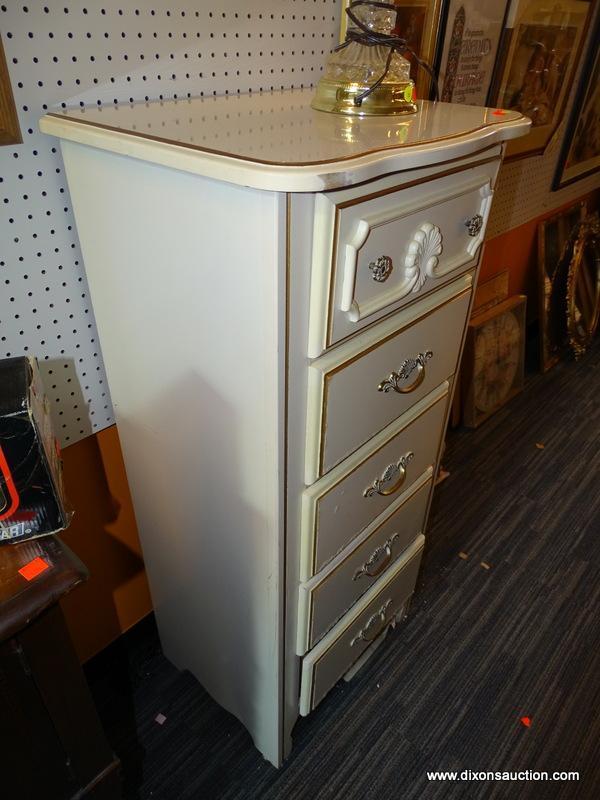 (WALL) FRENCH PROVINCIAL HIGH CHEST OF DRAWERS; CREAM PAINTED, 5-DRAWER CHEST OF DRAWERS WITH BRASS