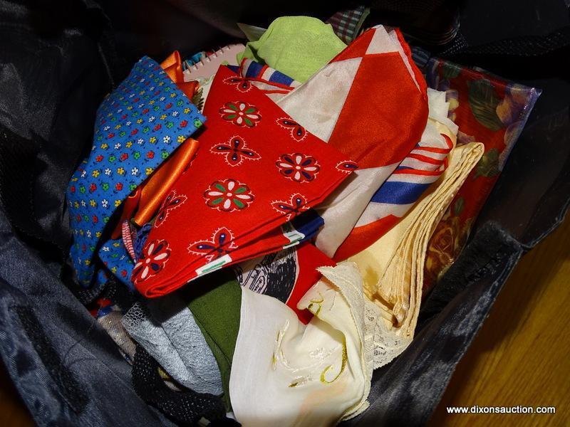 (LR) MISC. LOT; LOT INCLUDES BAG OF SILK SCARVES AND LADIES HANDKERCHIEFS AND ANOTHER BAG OF NEW