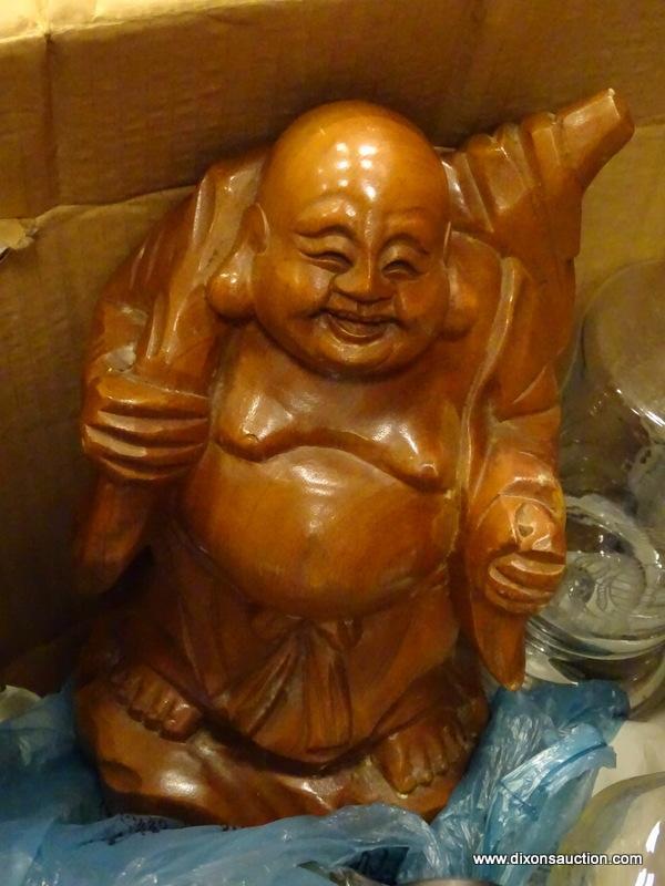 BOX LOT OF ASSORTED ITEMS; INCLUDES A WOODEN CARVED BUDDHA, A GREEN HAEGER FLOWER VASE, DECANTERS,