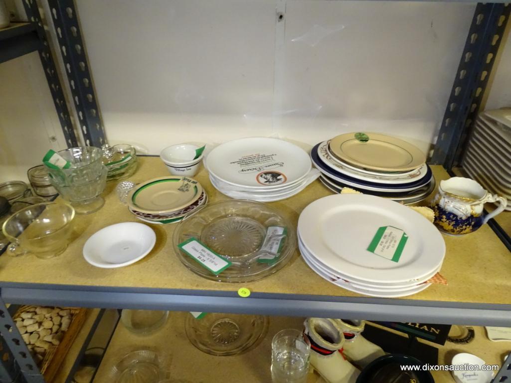 (R2) SHELF LOT OF ASSORTED GLASSWARE TO INCLUDE DINNER PLATES, SHERBET GLASSES, A BLUE AND GOLD