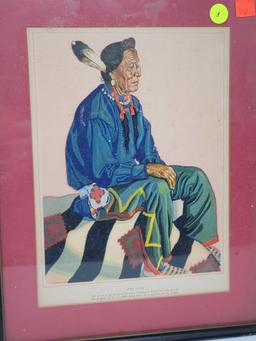 FRAMED NATIVE AMERICAN PRINT TITLED TWO GUNS MATTED IN BLACK FRAME; MEASURES 12 X 15
