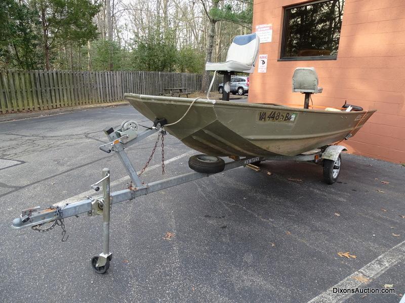 A 2004 Lowe Model L1448M 14 FT. Jon Boat with Venture Single Axel Boat Trailer. Vin #LWCJ0673E404.