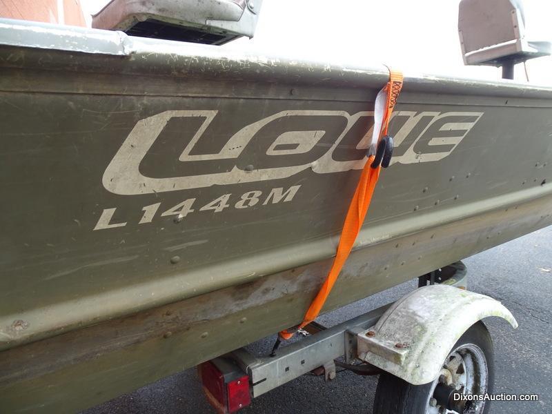 A 2004 Lowe Model L1448M 14 FT. Jon Boat with Venture Single Axel Boat Trailer. Vin #LWCJ0673E404.