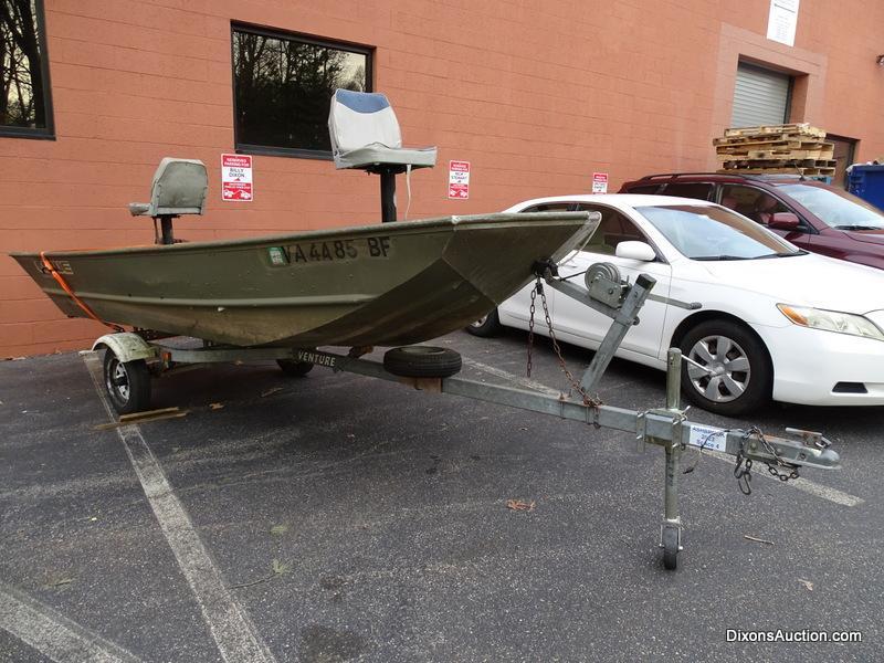 A 2004 Lowe Model L1448M 14 FT. Jon Boat with Venture Single Axel Boat Trailer. Vin #LWCJ0673E404.