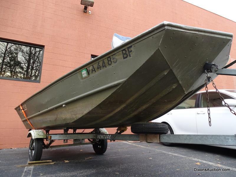 A 2004 Lowe Model L1448M 14 FT. Jon Boat with Venture Single Axel Boat Trailer. Vin #LWCJ0673E404.