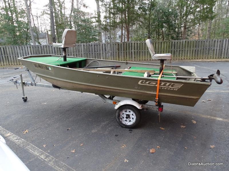 A 2004 Lowe Model L1448M 14 FT. Jon Boat with Venture Single Axel Boat Trailer. Vin #LWCJ0673E404.