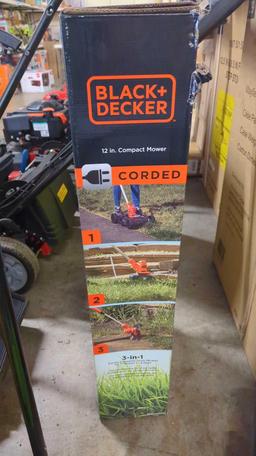 BLACK AND DECKER 3 IN 1 CORDED 12 INCH COMPACT MOWER 6.5 AMP IN THE ORIGINAL BOX FACTORY SEALED,