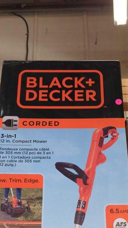 BLACK AND DECKER 3 IN 1 CORDED 12 INCH COMPACT MOWER 6.5 AMP IN THE ORIGINAL BOX FACTORY SEALED,