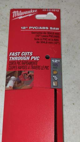 LOT OF 3 TOOLS TO INCLUDE, A MILWAUKEE 12 INCH PVC/ ABS SAW NEW IN THE PACKAGE, A HUSKY FOLDING
