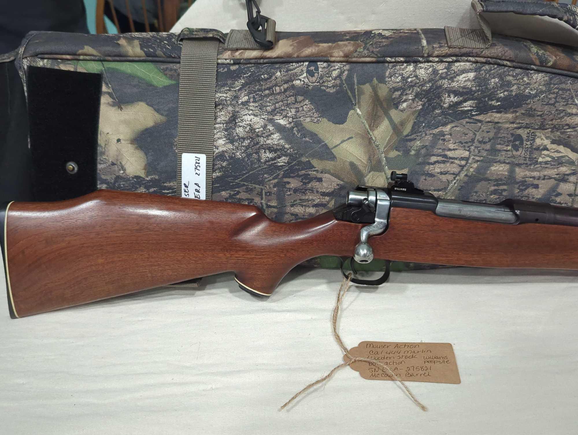 Mauser action 444 caliber Marlin bolt action with wooden stock. McCowen barrel. Williams peepsite.