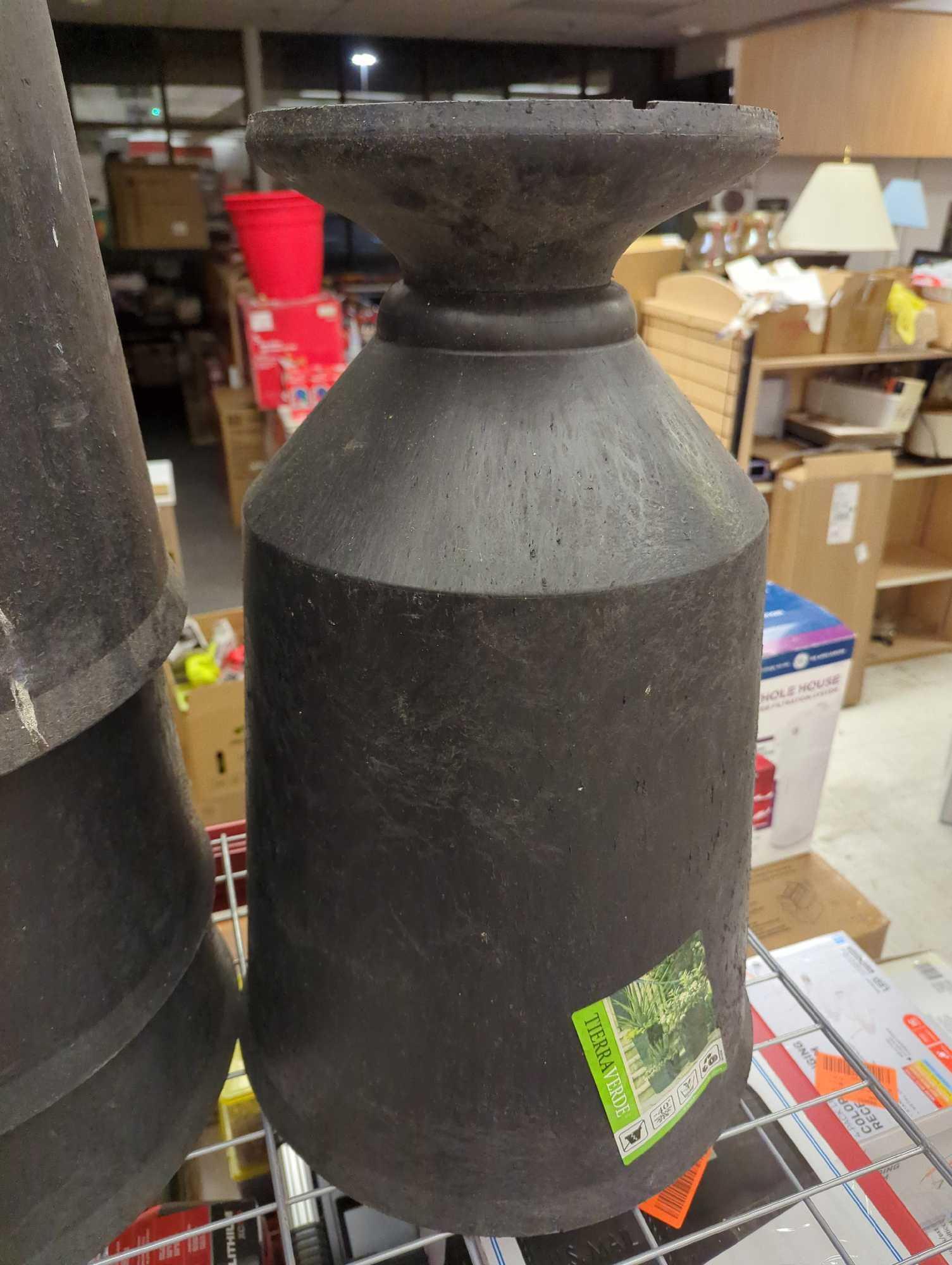 Lot of 4 Tierra Verde 23 in. Slate Rubber Vibrato Self-Watering Urns. One appears to be missing the