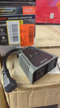 LOTOF 4 BOXES TO INCLUDE, DEFIANT SMART OUTDOOR TO OUTLET PLUG POWERED BY HUB SPACE, FIVE AMP,