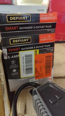 LOTOF 4 BOXES TO INCLUDE, DEFIANT SMART OUTDOOR TO OUTLET PLUG POWERED BY HUB SPACE, FIVE AMP,
