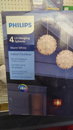 PHILLIPS 3 LIT HANGING SPHERES, OPEN BOX,WARM WHITE, 39.98, THERE ARE ONLY 3 LIGHTS IN THE BOX.