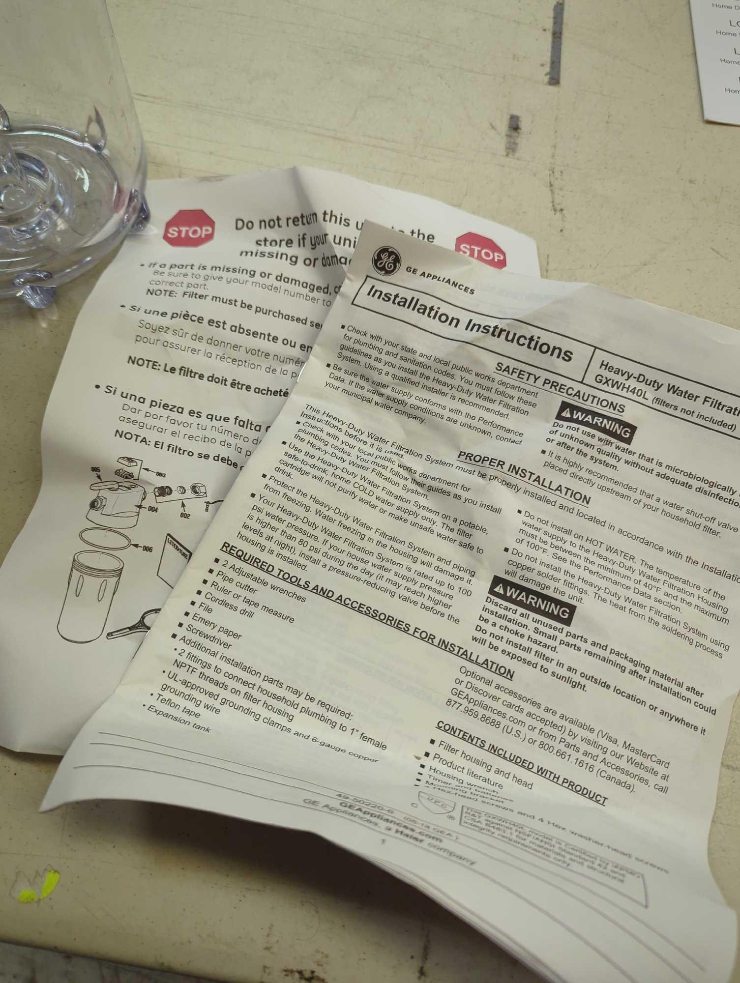 GE Whole House Water Filtration System. Comes in opened box as is shown in photos. Appears to be