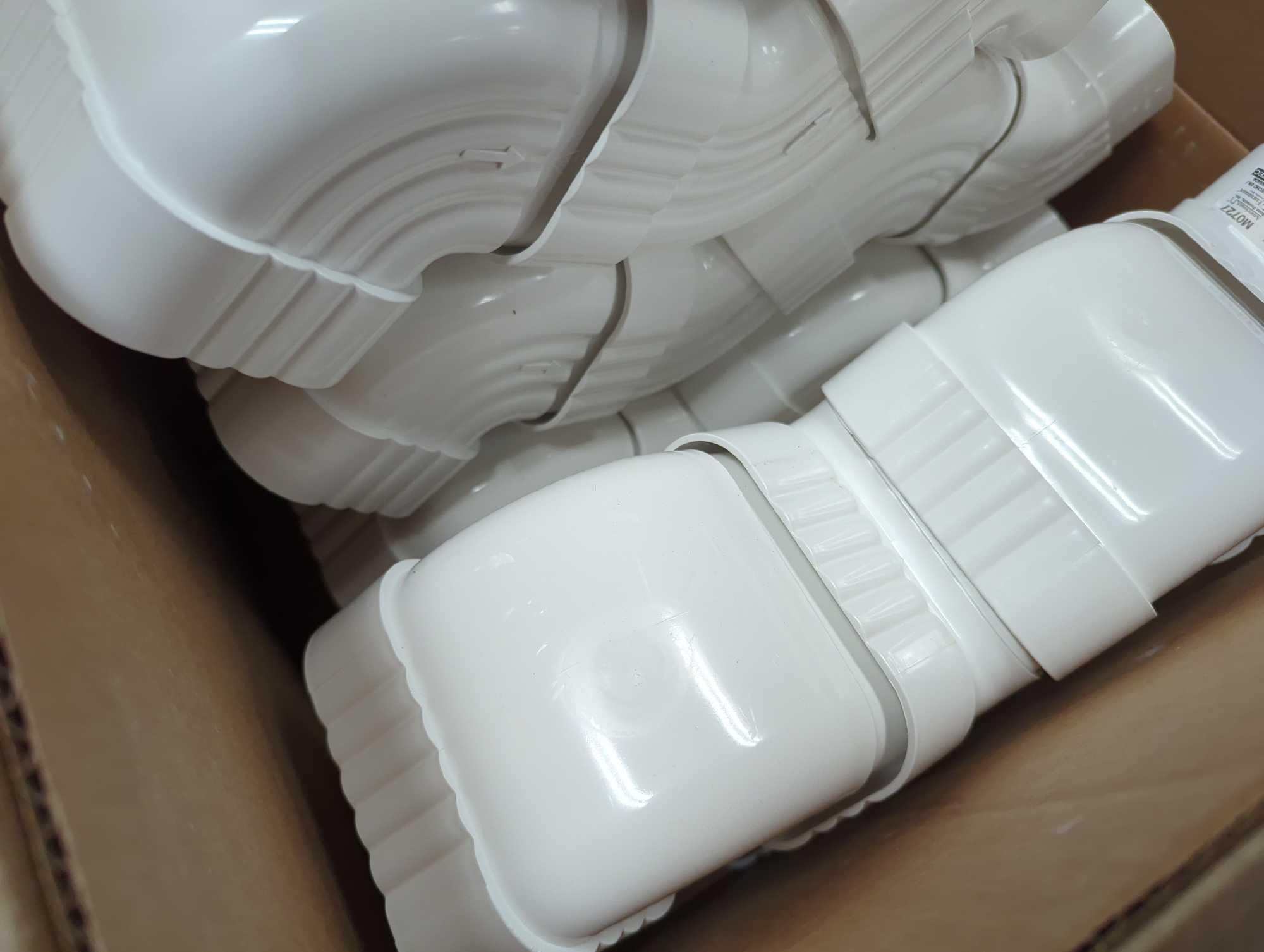 Lot of 20 Amerimax Traditional Vinyl 5.5-in White Downspout Side Elbows. Comes in open box as is