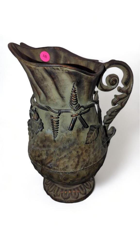 (FOY) METAL PITCHER, DECORATED WITH GRAPES, 5 3/4" MOUTH 11 1/2"H