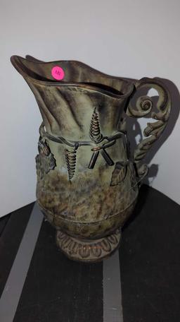 (FOY) METAL PITCHER, DECORATED WITH GRAPES, 5 3/4" MOUTH 11 1/2"H