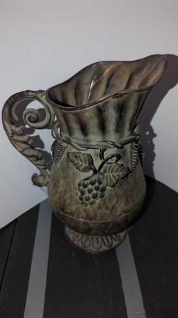 (FOY) METAL PITCHER, DECORATED WITH GRAPES, 5 3/4" MOUTH 11 1/2"H