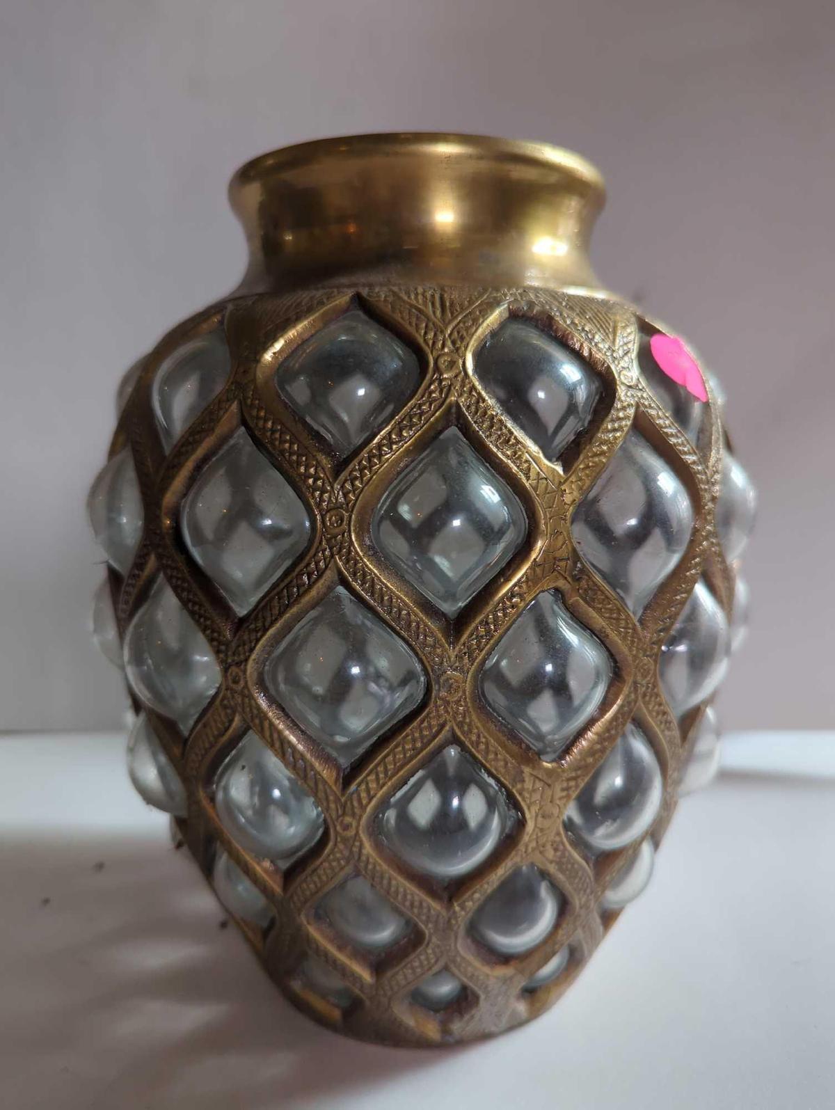 (LR) BRASS OVER GLASS VASE, MADE IN INDIA, INSIDE DISPLAYS A CRACK, 3 7/8" MOUTH, 8 1/2"H